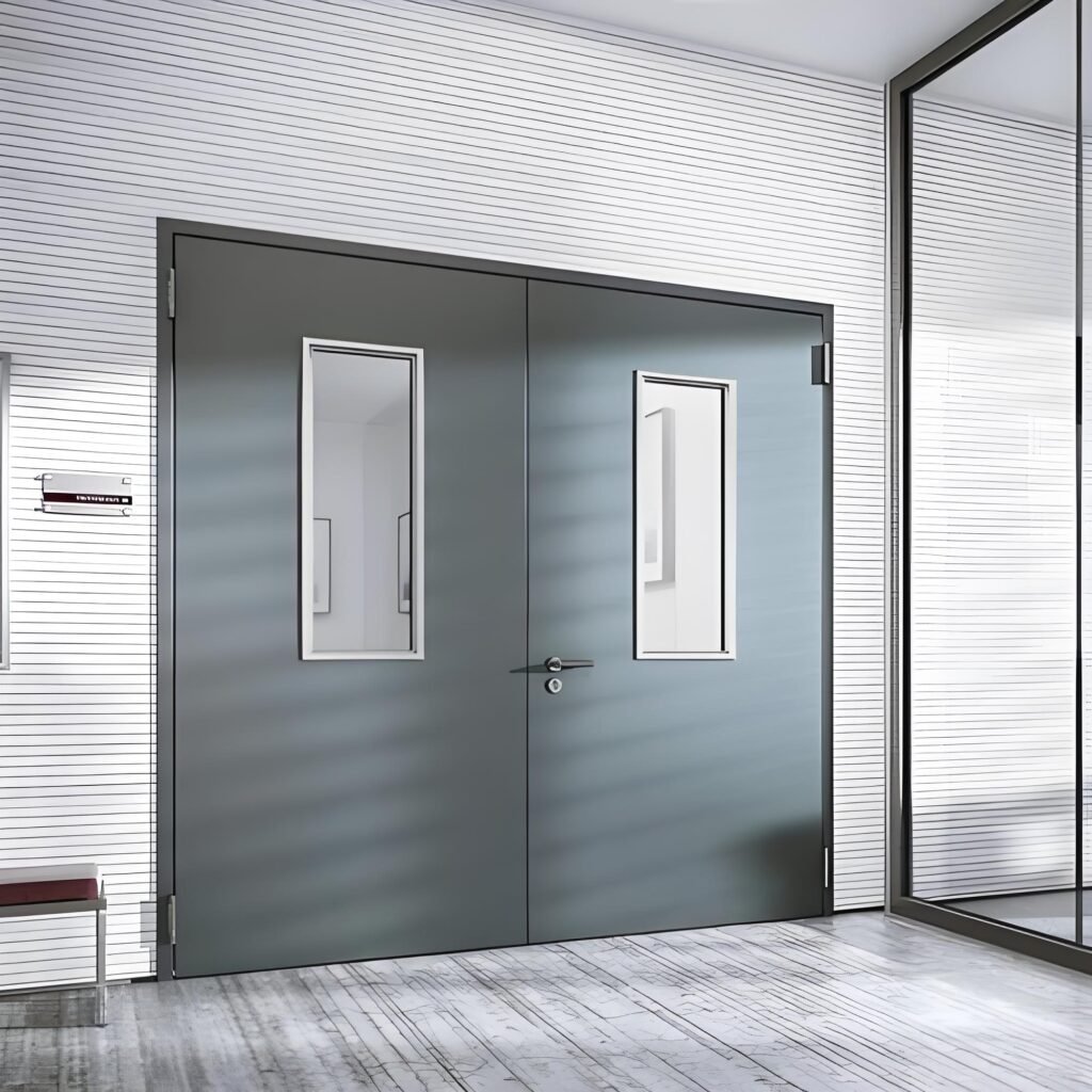 Modern grey double leaf fire rated steel door installed in commercial office building corridor