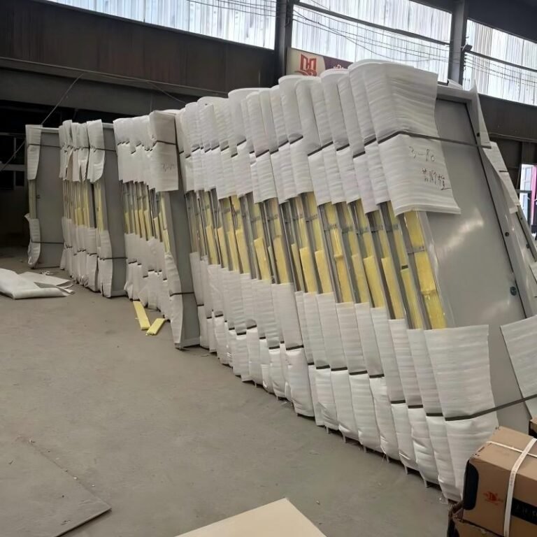 Large inventory of packaged fire rated doors ready for export shipment in factory warehouse